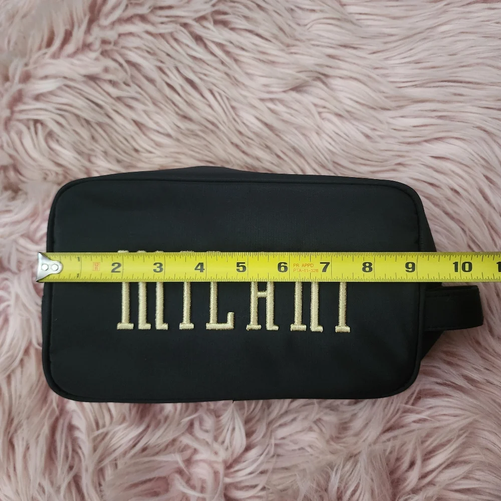Milani makeup bag travel pouch black nylon gold embroidered